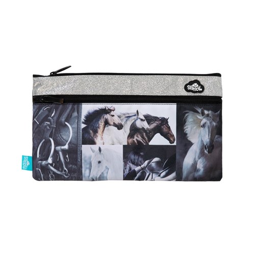 SPENCIL PENCIL CASE RECTANGLE Fabric 34x17cm BW Horses 2 Zips